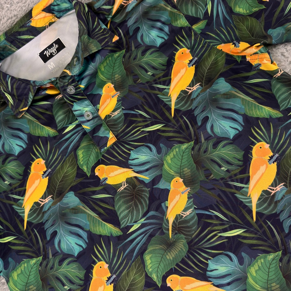 Waggle Mens Golf‎ Polo Shirt Medium Tropical Bird Leaf Performance Stretch